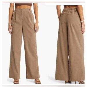 Open Edit Relaxed Waist Wide Leg Pants Womens 00 Taupe Elastic Back Offices Chic